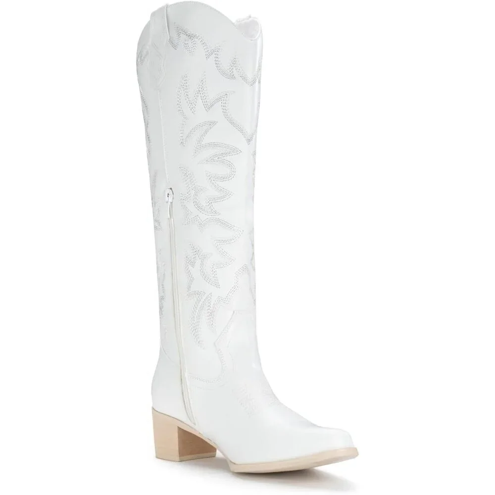✨Women White Cowboy Boots Knee High Boots Pointy Toe Boots Chunky Heel Boots